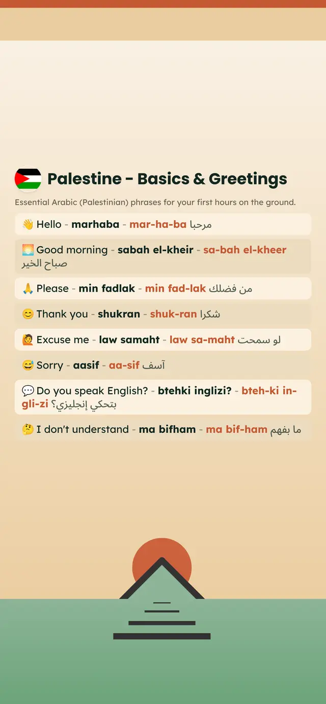 Phrase Path Palestine template: Arabic (Palestinian) travel phrases on a lock screen