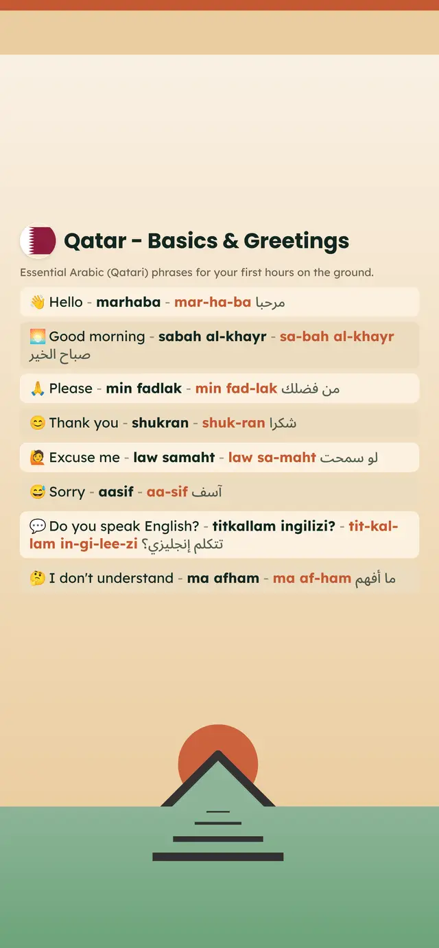 Phrase Path Qatar template: Arabic (Qatari) travel phrases on a lock screen