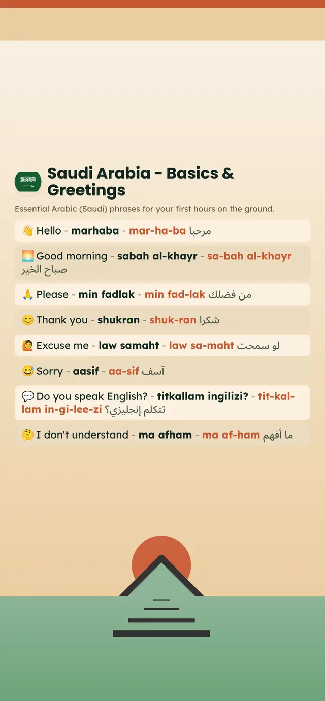 Phrase Path Saudi Arabia template: Arabic travel phrases on a lock screen