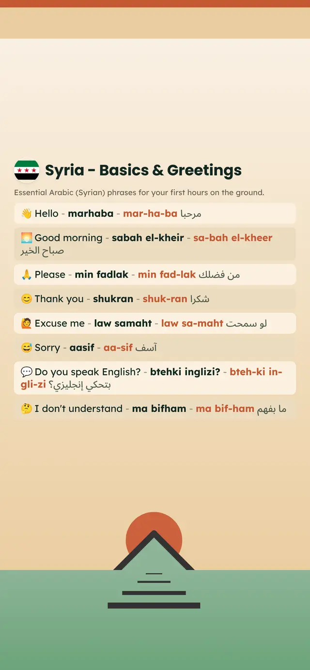 Phrase Path Syria template: Arabic travel phrases on a lock screen