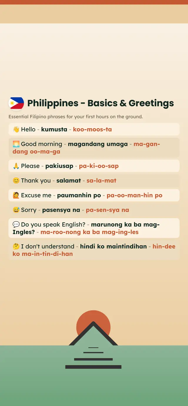 Phrase Path Philippines template: Filipino travel phrases on a lock screen
