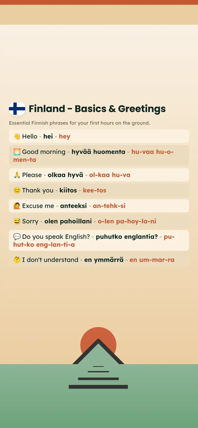 Phrase Path Finland template: Finnish travel phrases on a lock screen