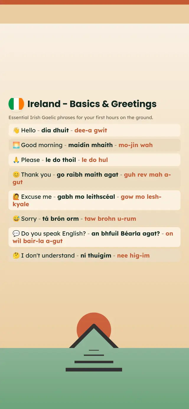 Phrase Path Ireland template: Irish Gaelic travel phrases on a lock screen