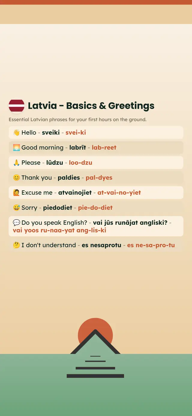 Phrase Path Latvia template: Latvian travel phrases on a lock screen