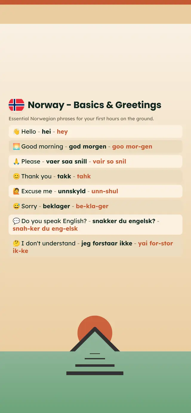Phrase Path Norway template: Norwegian travel phrases on a lock screen