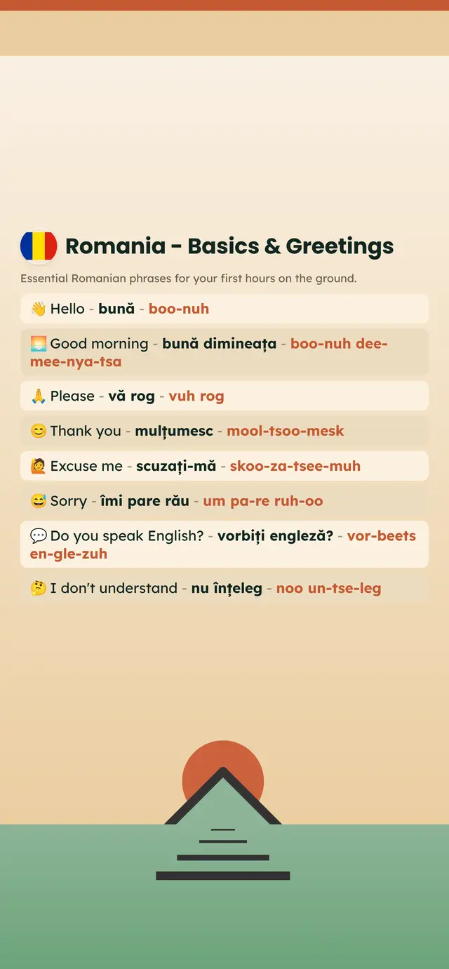 Phrase Path Romania template: Romanian travel phrases on a lock screen