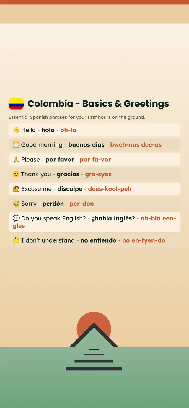 Phrase Path Colombia template: Spanish travel phrases on a lock screen