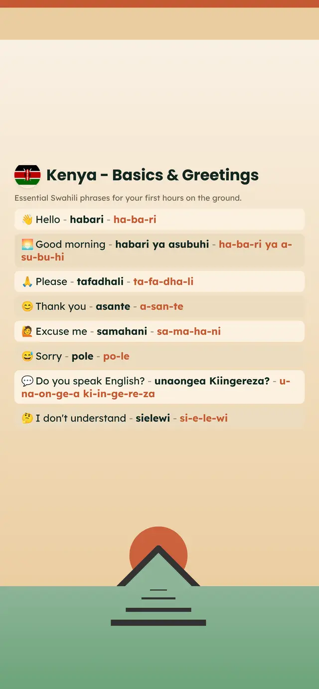 Phrase Path Kenya template: Swahili travel phrases on a lock screen