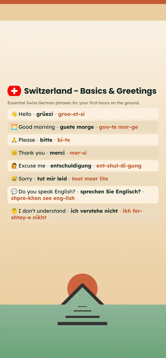 Phrase Path Switzerland template: Swiss German travel phrases on a lock screen