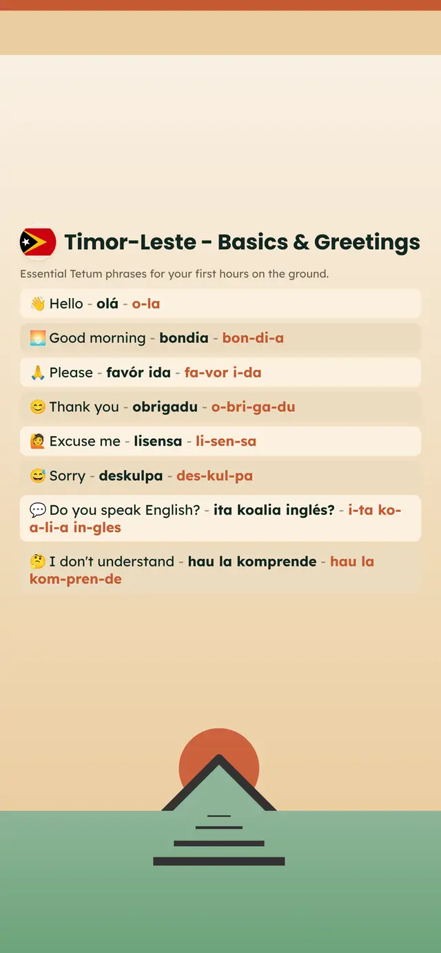 Phrase Path Timor-Leste template: Tetum travel phrases on a lock screen
