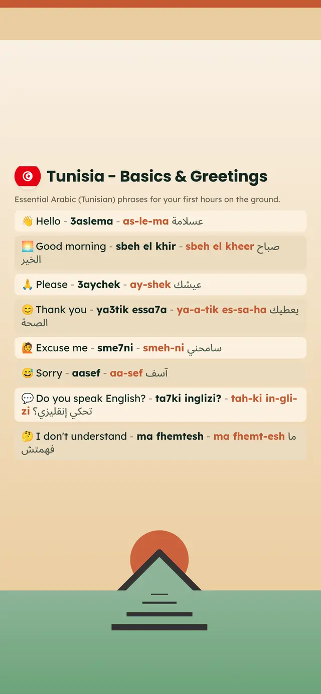 Phrase Path Tunisia template: Tunisian Arabic travel phrases on a lock screen
