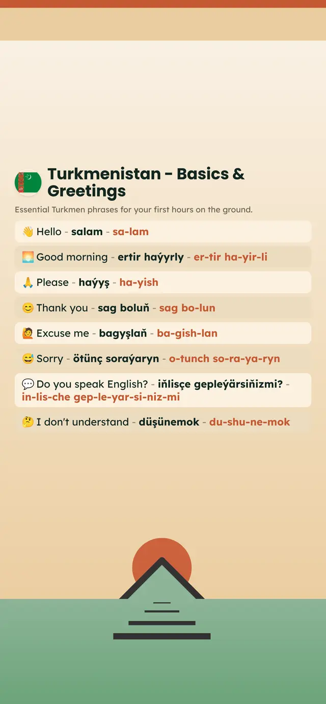 Phrase Path Turkmenistan template: Turkmen travel phrases on a lock screen