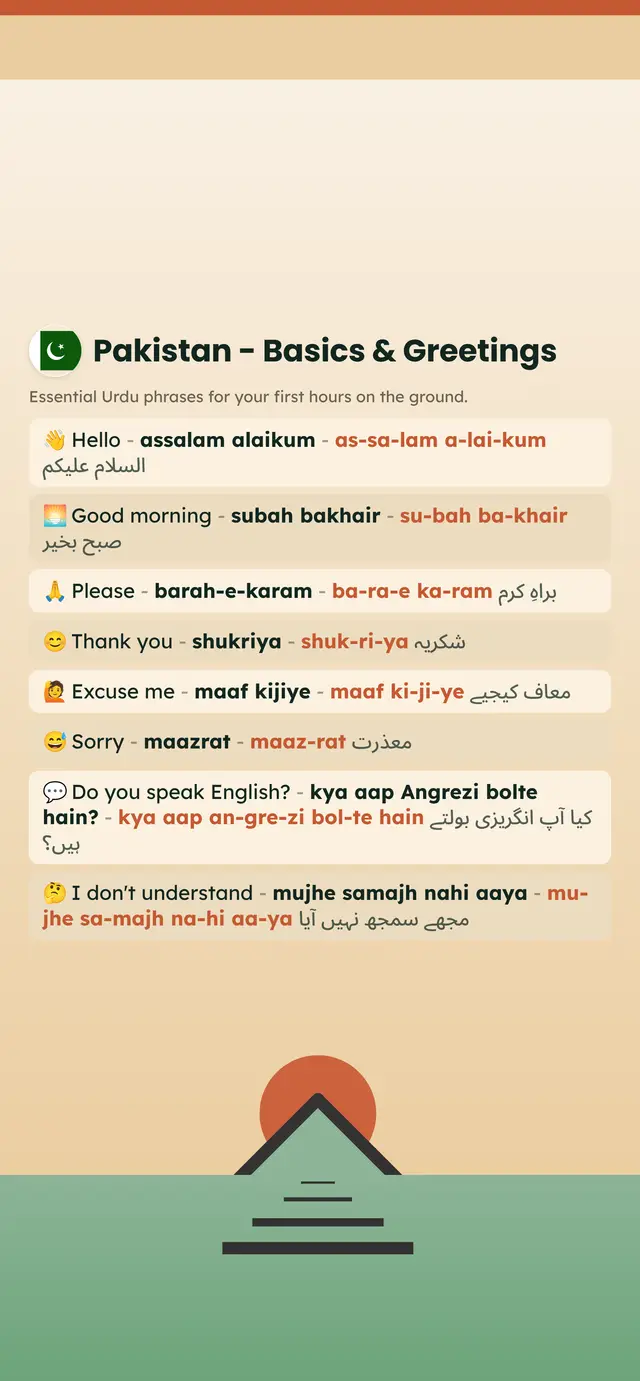 Phrase Path Pakistan template: Urdu travel phrases on a lock screen
