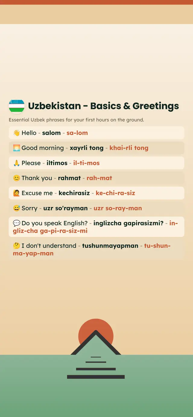 Phrase Path Uzbekistan template: Uzbek travel phrases on a lock screen