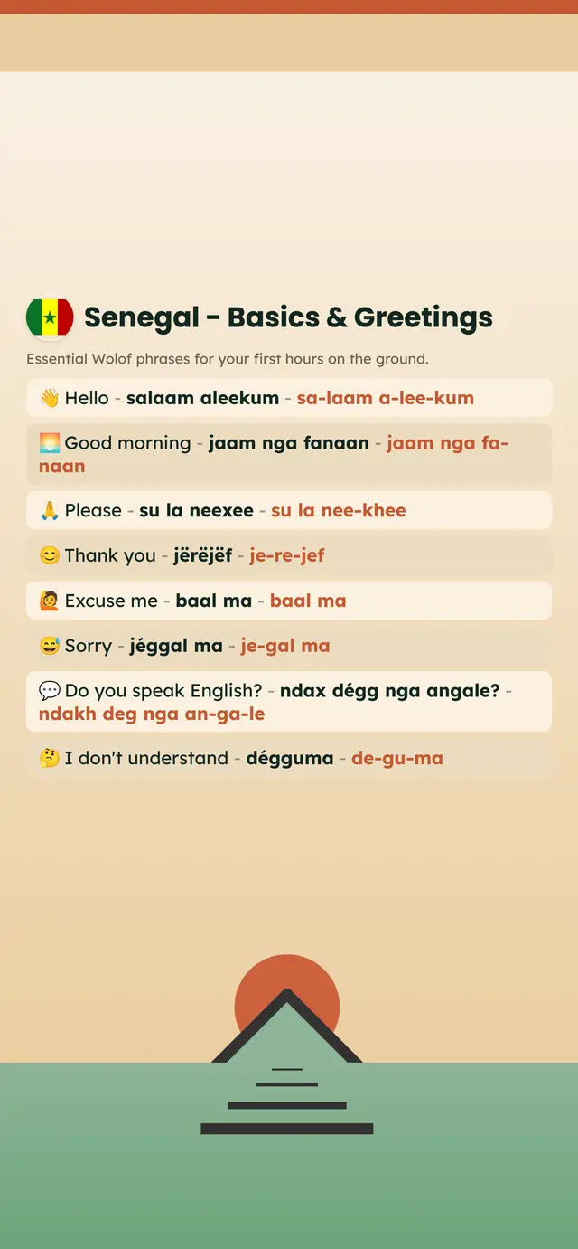 Phrase Path Senegal template: Wolof travel phrases on a lock screen