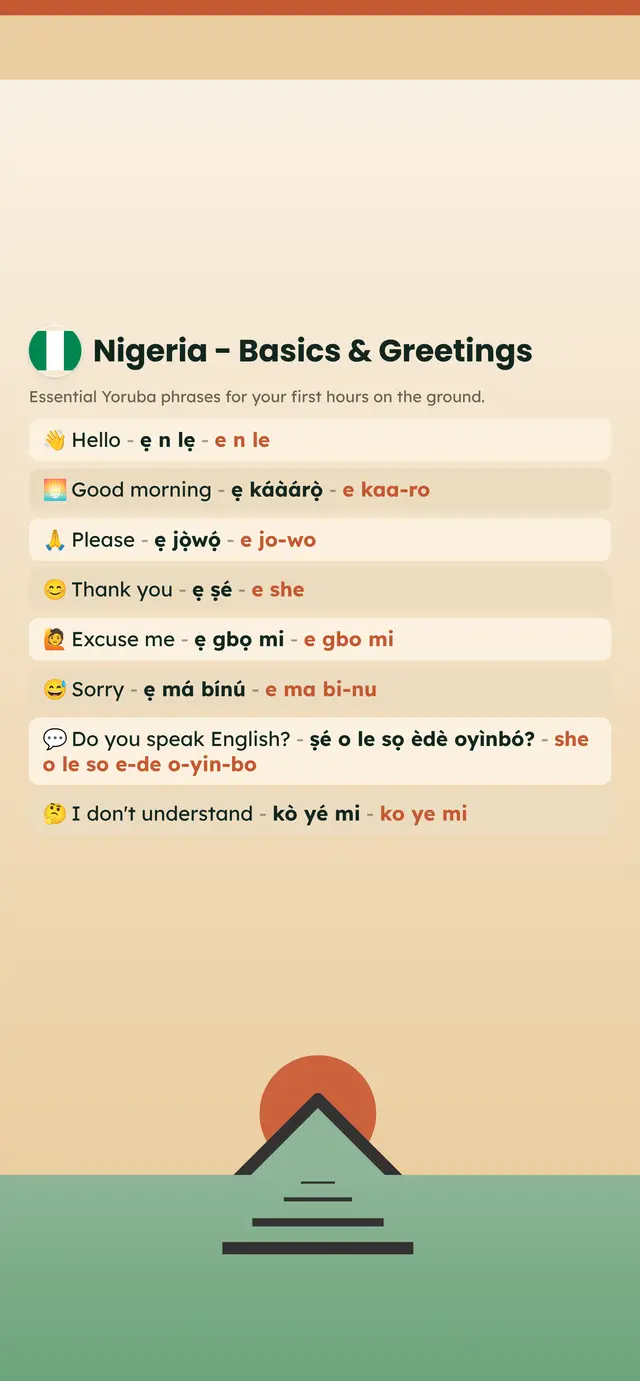 Phrase Path Nigeria template: Yoruba travel phrases on a lock screen
